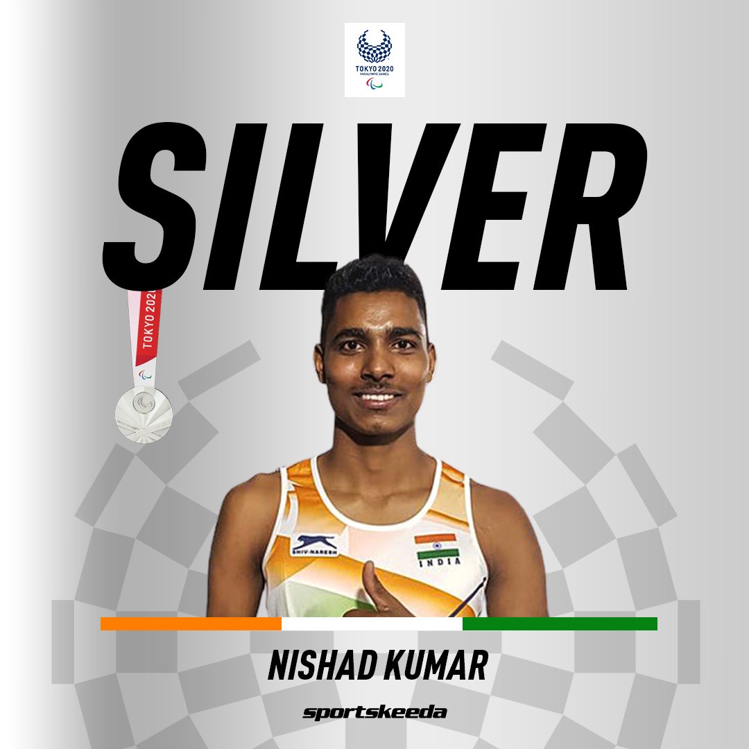 Sportskeeda's tweet photo. SILVER FOR NISHAD KUMAR! 🎉

He wins a Silver Medal in the Men's High Jump - T47 Final at #Tokyo2020! 🥈

We have our second #Silver of the #Tokyo2020 #Paralympics. 

What an achievement! What a moment! ❤️🇮🇳

Congratulations! 👏

#Praise4Para https://t.co/KrzQqyvwRM