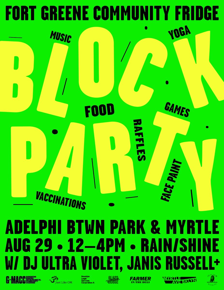 12-4pm @MyrtleAveBklyn & Adelphi // The Fort Greene Community Fridge is cleaned & stocked by volunteers and is available to the public 24/7. Celebrate this labor of love w/ live jazz, a DJ, health screenings, COVID-19 vaccinations, school supply giveaways, yoga, raffles & more!