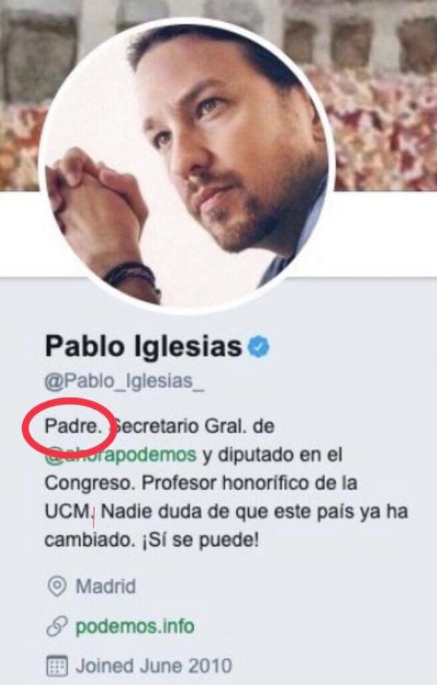 sjar73's tweet photo. Uy @PabloIglesias ha pasado de ser padre a Caballero Jedi…lo de ser padre ¿que es de quita y pon? https://t.co/l7Cgpp3DEv