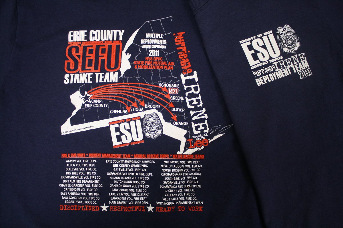 Our #FireDepartment remembers the many that came to Schoharie in August 2011 after #HurricaneIrene and assisted our residents, our village, town, county and our fire dept. This t-shirt lists just a of fraction of those that helped. From our dept to all of you...#THANKYOU!