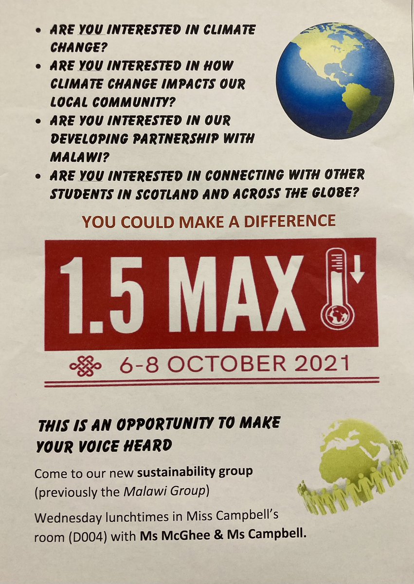 Newly rebranded Malawi Group is now Sustainability Group and are involved in an exciting new 1.5max global schools project! Our partners from Malawi are still with us &amp; we’re looking for enthusiastic new recruits, get in touch with Ms Mcghee/Campbell or come to D003 lunch on Wed!