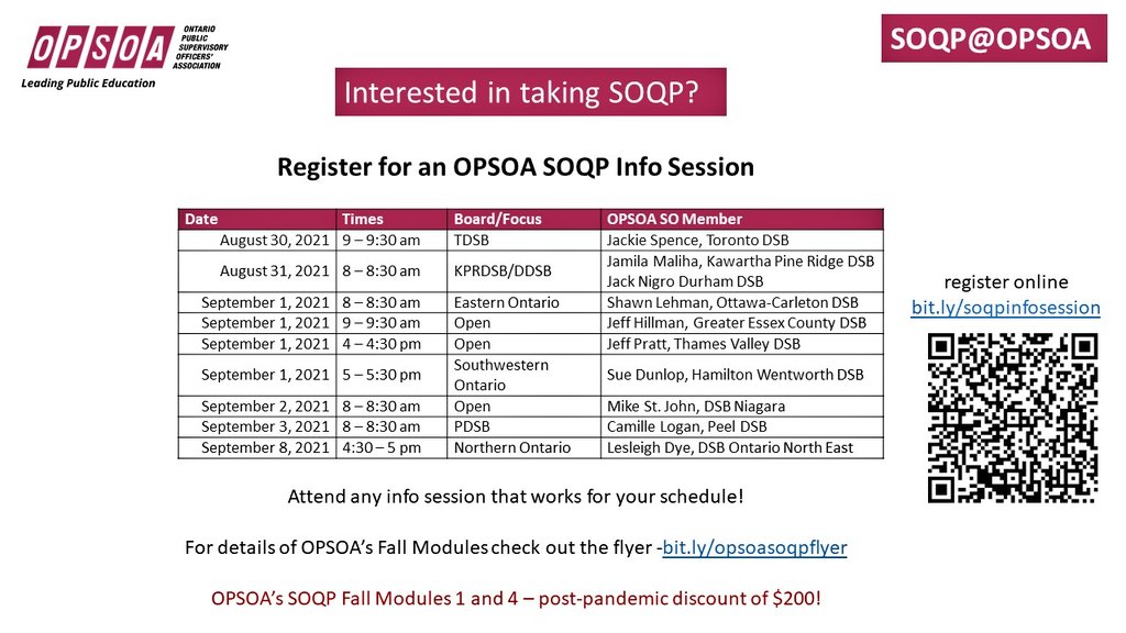 OPSOA (@opsoa1) on Twitter photo Register now for OPSOA's SOQP Module 1 & 4 with Fall Mentors including <a href="/camillelogan/">Camille Logan Ph.D</a> <a href="/JS_tdsb/">JSpence</a> <a href="/161616SL/">Shawn Lehman</a> <a href="/JAFPratt/">Jeff Pratt</a> Register now for OPSOA's SOQP Module 1 & 4 with Fall Mentors including <a href="/camillelogan/">Camille Logan Ph.D</a> <a href="/JS_tdsb/">JSpence</a> <a href="/161616SL/">Shawn Lehman</a> <a href="/JAFPratt/">Jeff Pratt</a>