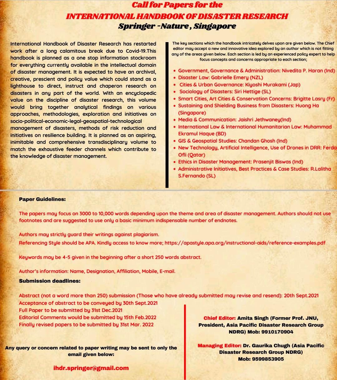 Amita Singh on Twitter: "Call for Papers: Springer's International Handbook  of Disaster Research,first major compilation of disaster studies from  across the globe in a holistic frame. https://t.co/YHbq7KZrMz" / Twitter