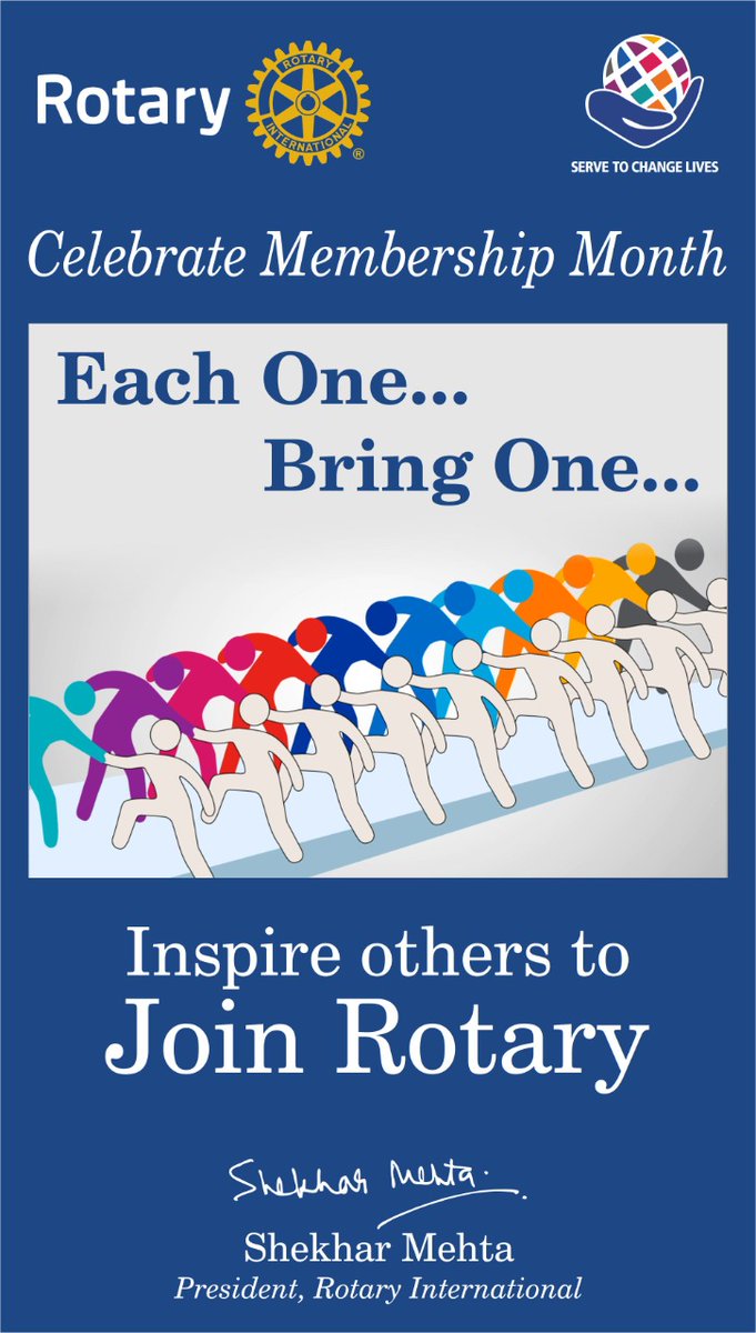 Shekhar_Rotary's tweet photo. This year, each of us has an opportunity to extend the gift of membership to others who can benefit from Rotary and help us increase our impact. I ask all the Rotarians to join the initiative “Each One, Bring One”!
#ServeToChangeLives #EachOneBringOne #Rotary https://t.co/jlnjyd5VoL