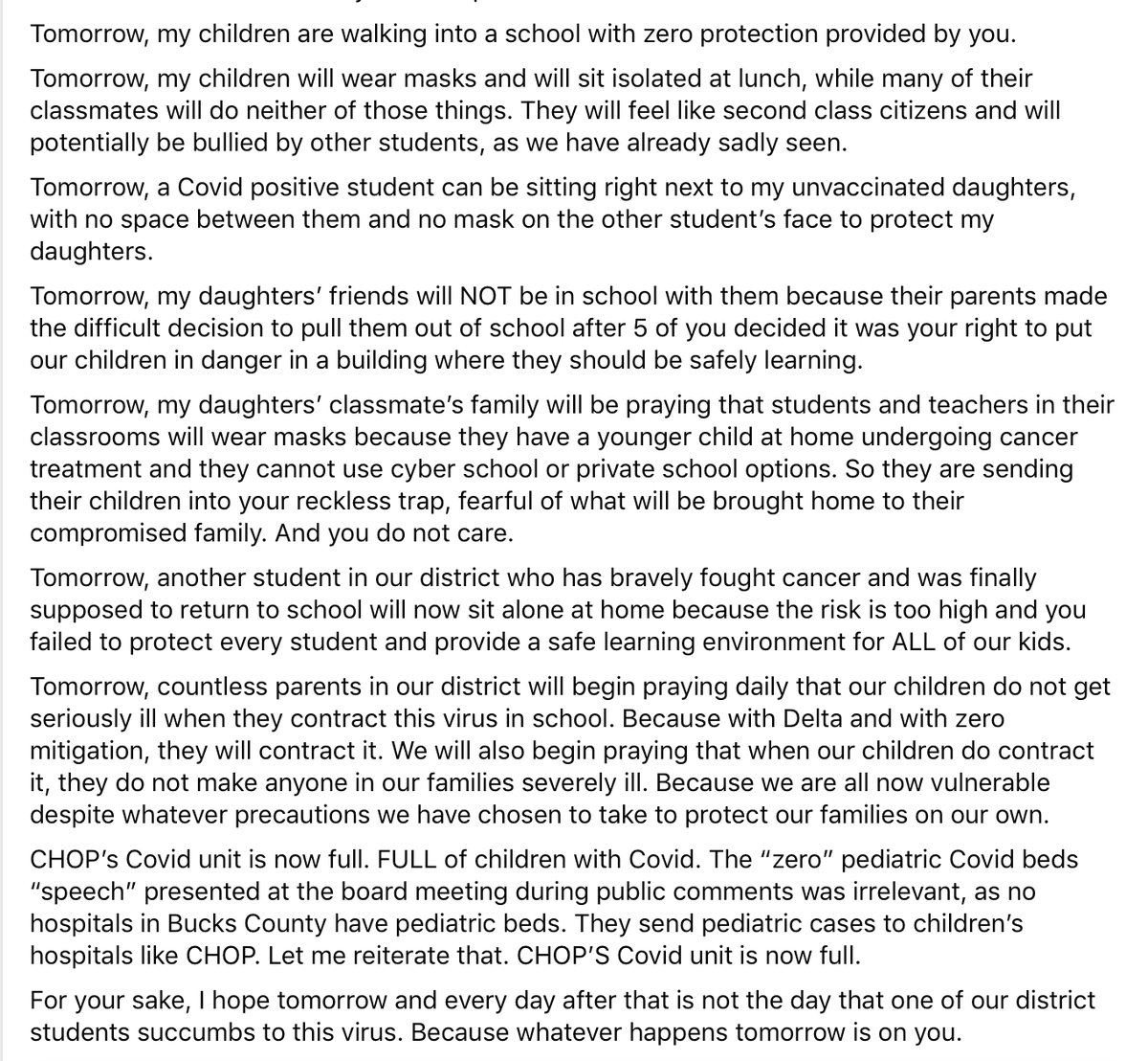 EricRaskin's tweet photo. Powerful message from a mom in our district send to the @CouncilRockSD board, on which 5 of 9 members voted 3 days before the start of school to ignore science, ignore expert health guidance, perpetuate lies, and play politics with the health of children and our entire community. https://t.co/TYphxXz7NQ