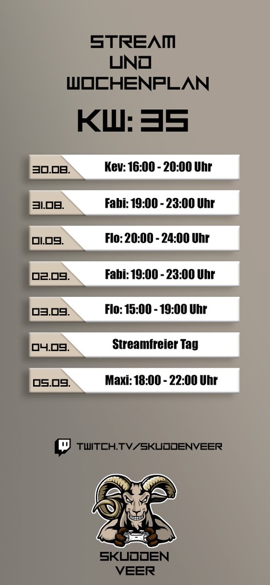 SkuddenV's tweet photo. Streamplan für die kommende Woche ist online!!! 
#twitch #twitchstreaming #TwitchDE #twitchgermany
#twitchaffiliate https://t.co/3gKBFw6DZy