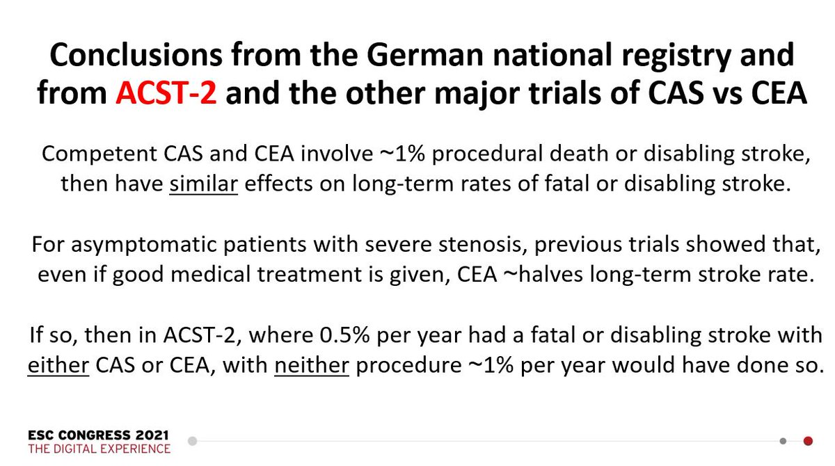 CMichaelGibson's tweet photo. Alison Halliday presents the ACST- trial - Carotid artery surgery and stenting have comparable long- term effects on fatal or disabling stroke in asymptomatic patients with severe carotid artery stenosis. Full slide deck: https://t.co/s9KcHP7aQF https://t.co/ARLvSGK1LU