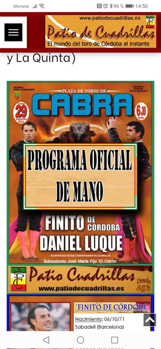 PatiodeCuadrill's tweet photo. 👀✅ Para ver el Programa 'Oficial' de Mano del mano a mano: Finito y Daniel Luque, de esta tarde en la P. T. Cabra, entra en el siguiente enlace:
https://t.co/tGrF6CnBoD https://t.co/UNxr3SVZA9