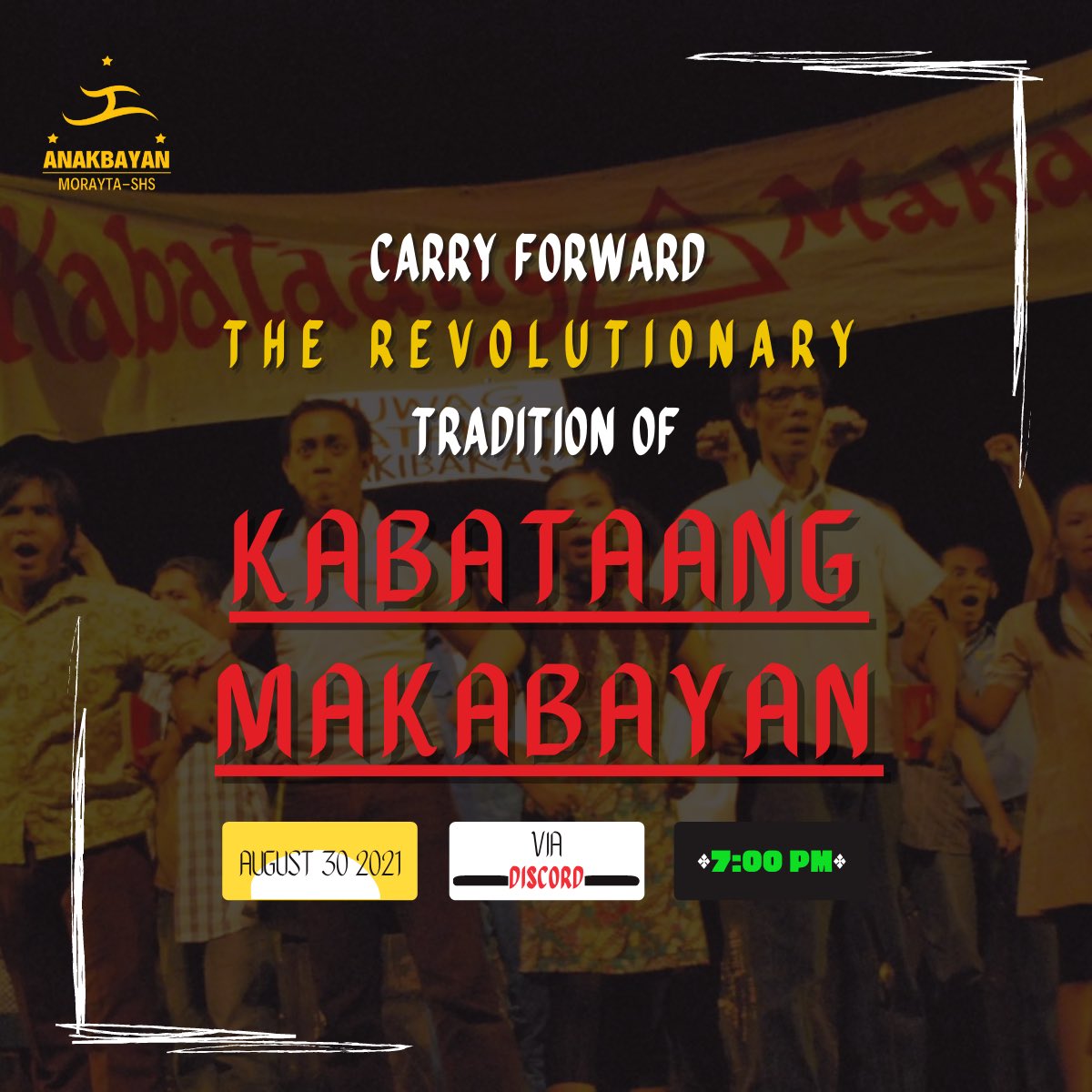 ABFEUSHS's tweet photo. Sa araw ng mga bayani, alalahanin natin ang kabayanihan ng mga kabataang makabayan na buong tapang na nanindigan sa panahon ng ligalig at diktadurya. 

Paano nga ba natin maipagpapatuloy ang rebolusyunaryong tradisyon ng kabataan?

Sumali sa talakayan bukas, 7pm via discord! https://t.co/yNybNJjkQC