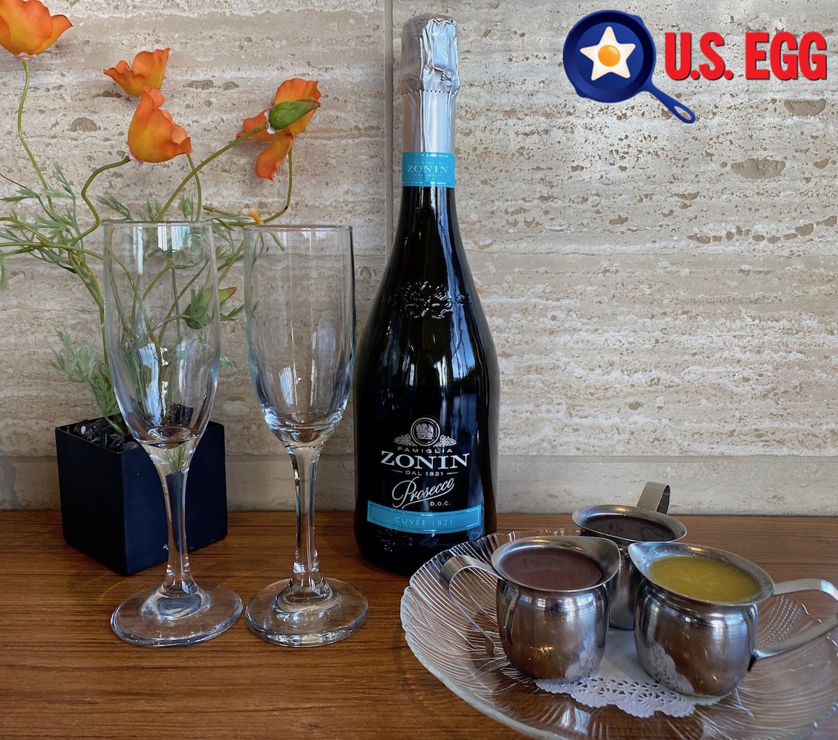 usegg's tweet photo. Take advantage of our $19.86 Mimosa Special this August at all six U.S. Egg Breakfast & Lunch locations. Enjoy a bottle of Zonin Prosecco and a juice sampler to create your very own Tableside Mimosas. See restaurant for details. #USEgg #Since1986 https://t.co/t1xGKd3DmQ