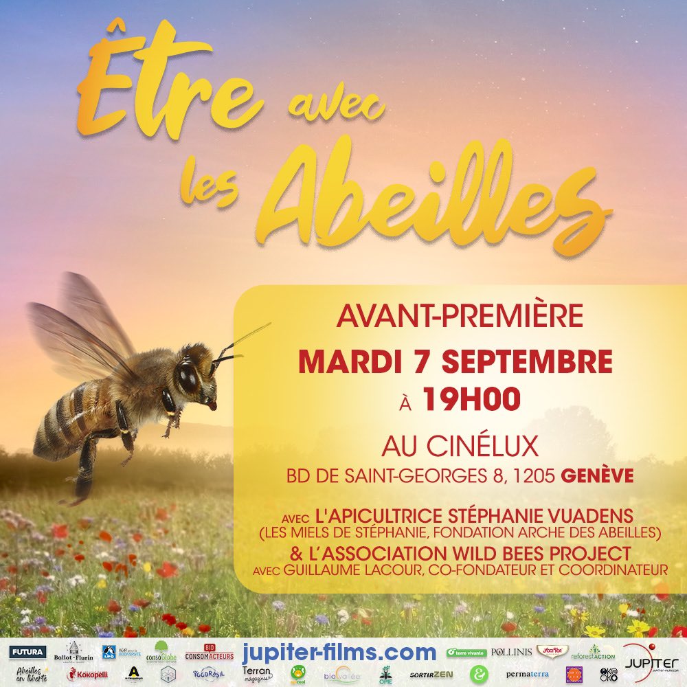WildBeesProject's tweet photo. Avant première du film « Etre avec les abeilles » le mardi 07 septembre au Cinélux à Genève 🎥🐝 Venez nombreux ! Nous serons ravis d’échanger avec vous après la projection #savethebees @CineluxGeneve @JupiterComs https://t.co/Pj3ZUy6G2Z
