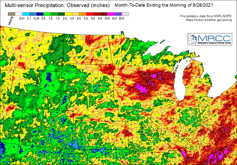 NWSLaCrosse's tweet photo. Impressive (almost scary) rainfall totals in our area this month (Aug.2021) - Ionia, IA 20.65", Elma, IA 16.34", St.Ansgar, IA 12.90", La Crosse, WI 11.76", Fayette, IA 11.42", Osage, IA 11.14", Charles City, IA 10.93" https://t.co/bMWDIkCnMe