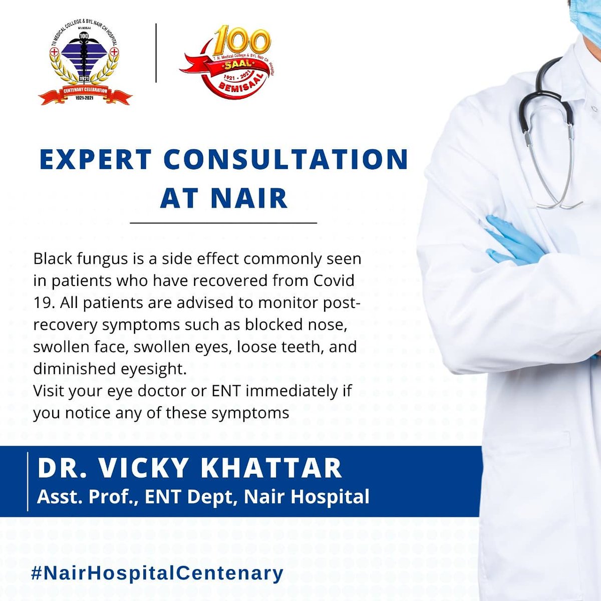 NairTnmc's tweet photo. From the experts to you. Hear what our doctors have to say about well being and general health
#100SaalBemisaal #100YearsOfNairHospital #NairHospitalCentenary #CentenaryYear #CentenaryCelebrations #tnmc #CentenaryProud #Healthcare #Healthcarelnlndia #Mumbai #healthcareheroes https://t.co/WwaW8jcAbh