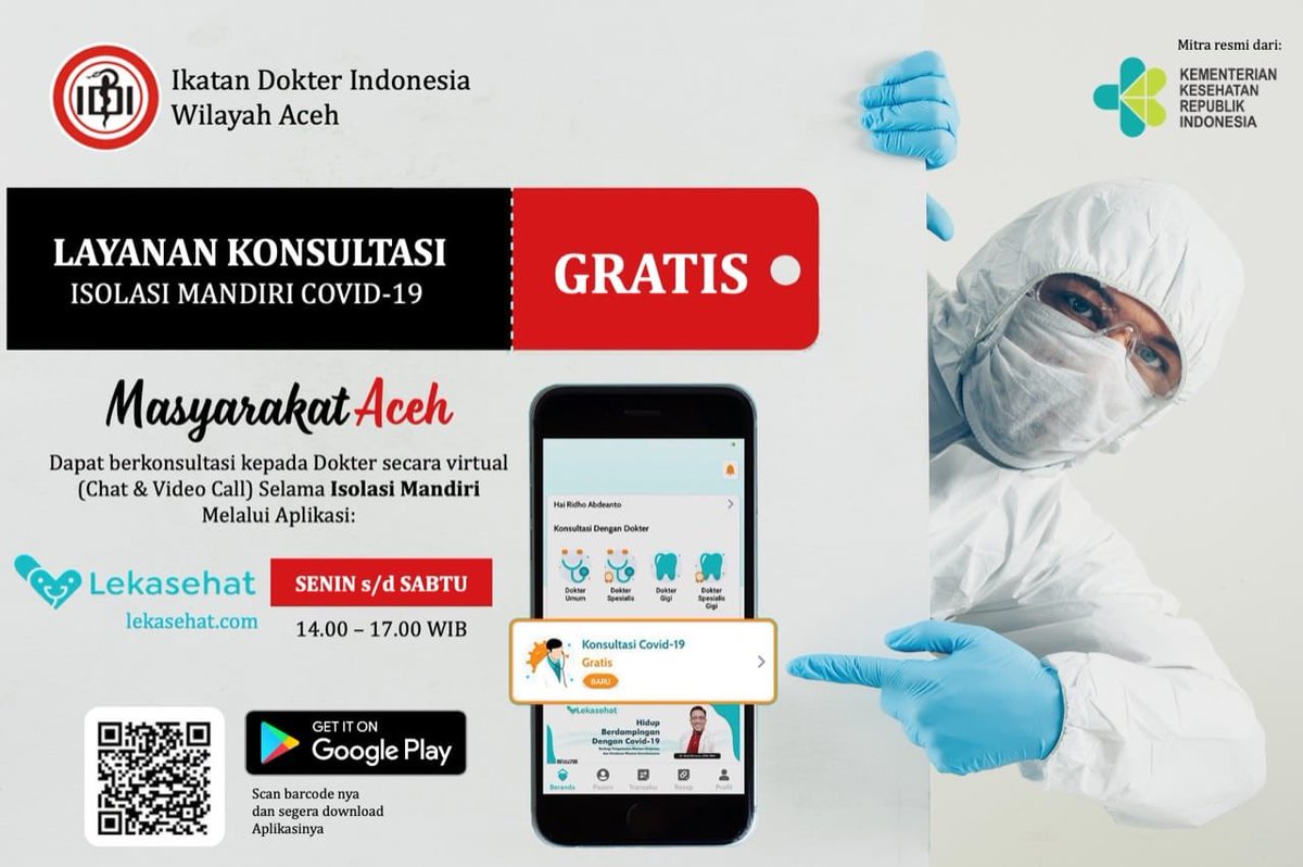 iloveaceh's tweet photo. #infowarga Layanan konsultasi isoman #COVID19 gratis dari IDI Aceh lewat @Lekasehat_id https://t.co/9oDxsIXIkR
