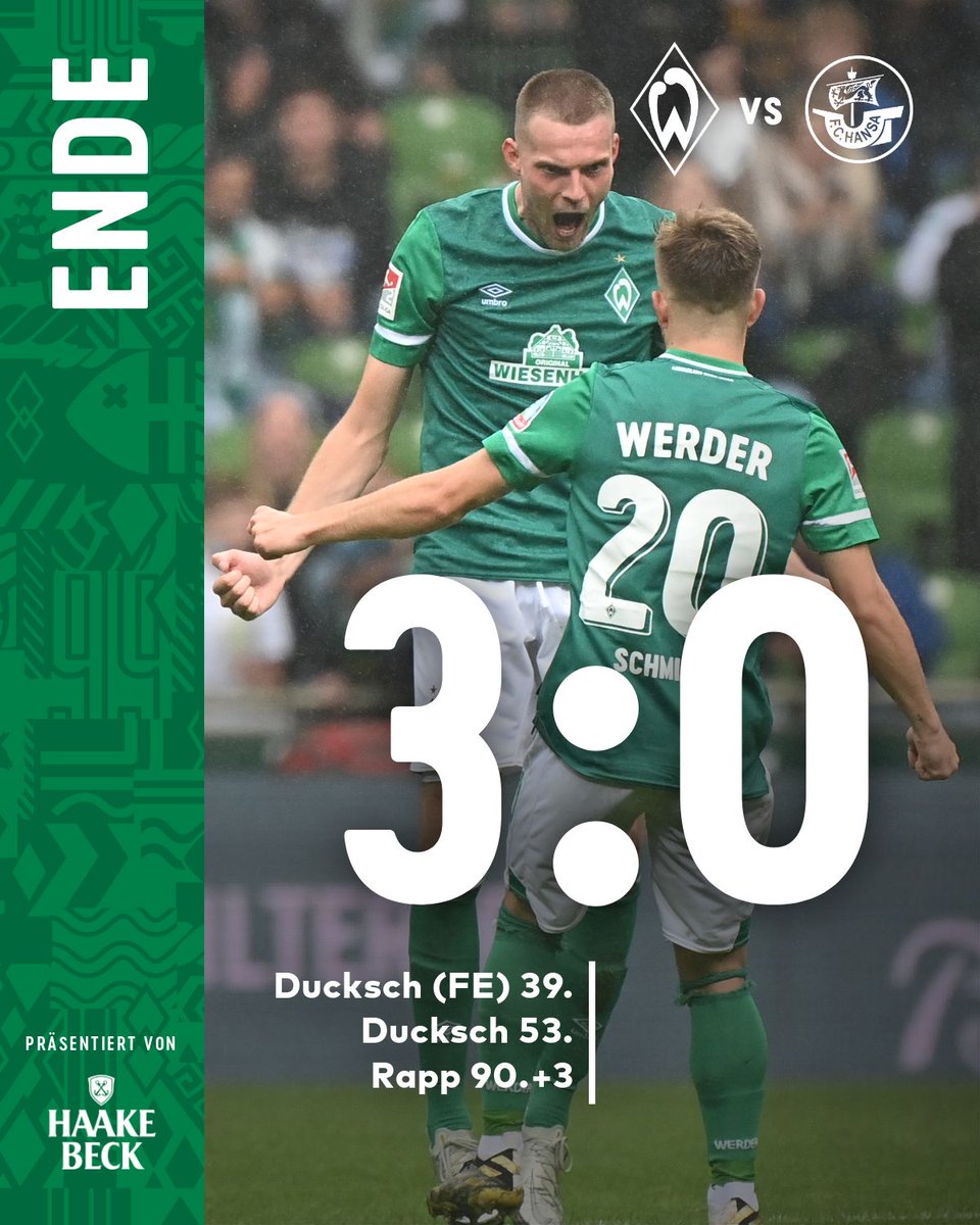 werderbremen's tweet photo. 🕞 90.+4 Min

Abpfiff! Wir behalten die drei Punkte am Osterdeich und gewinnen gegen @HansaRostock mit 3:0!💪 💚  

⚽ 3:0 #SVWFCH https://t.co/YkSM0tznq6