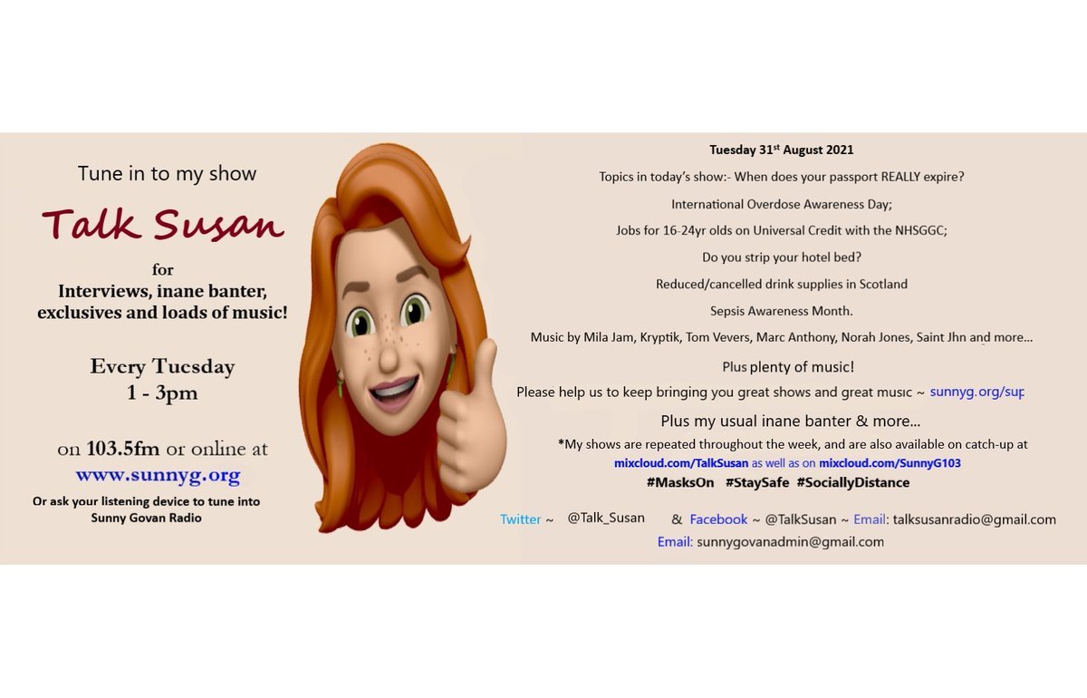 talk_susan's tweet photo. Tune in to my #TalkSusan show at 1-3pm on https://t.co/lsuKGmJmFd, 103.5FM, or via smartspeakers. TOPICS today are: #OverdoseAwarenessDay; #SepsisAwarenessMonth; UK #Passports; Lack of booze in Scottish pubs; #Jobs for 16-24yr olds on UC; and tons of music... #sepsis @SunnyGRadio https://t.co/7m2ukxEFIY