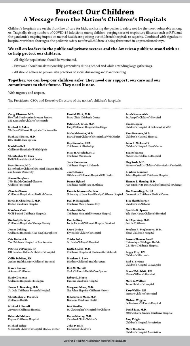 Children's Hospital Association (@hospitals4kids) on Twitter photo Today, <a href="/nytimes/">The New York Times</a> and <a href="/latimes/">Los Angeles Times</a> featured our message to all Americans. It’s urgent that we take the scientifically proven measures to protect our children:
- Get vaccinated. 💉
- Wear masks, especially in schools. 😷
- Social distance and wash hands. 🤲 Today, <a href="/nytimes/">The New York Times</a> and <a href="/latimes/">Los Angeles Times</a> featured our message to all Americans. It’s urgent that we take the scientifically proven measures to protect our children:
- Get vaccinated. 💉
- Wear masks, especially in schools. 😷
- Social distance and wash hands. 🤲