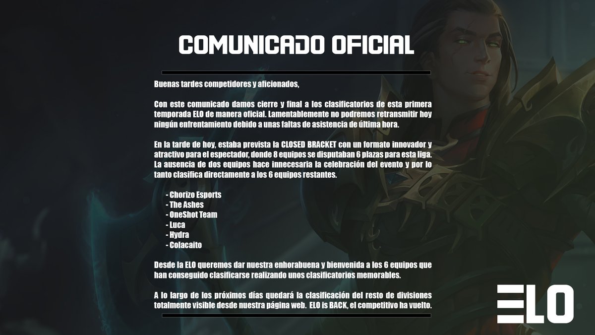 eSportsLeagueOR's tweet photo. ⚠️🏆 | Comunicado Oficial:
Fin de los Clasificatorios #ELO - Temporada 01 https://t.co/gnQ7eJm2Vm