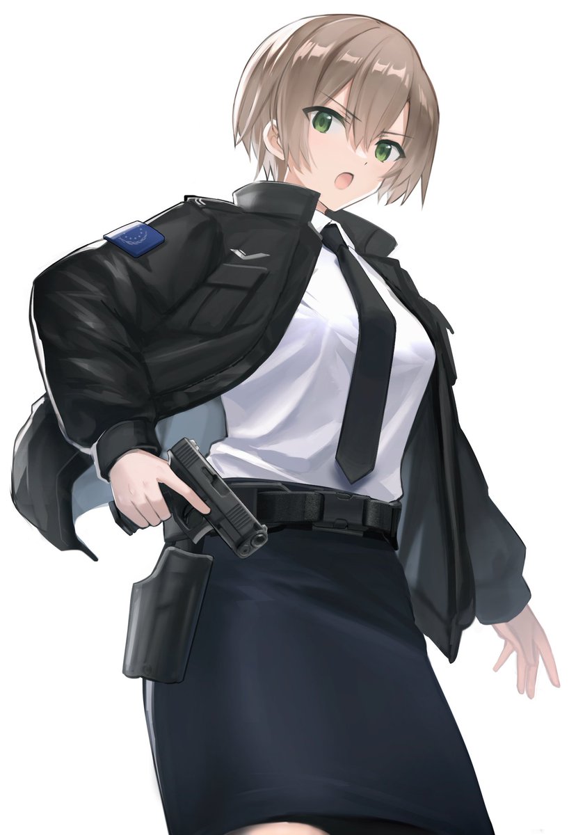 1girl weapon gun solo jacket skirt necktie  illustration images