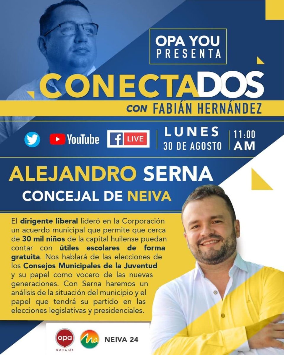 AlejandroSernaS's tweet photo. #Entrevista #Conectados
Los invito para que mañana lunes se sintonicen a las 11am en el programa “Conectados” con el periodista Fabian Alejandro Hernandez la cual será transmitido por Opanoticias y Neiva 24 https://t.co/0PSTat4nbY