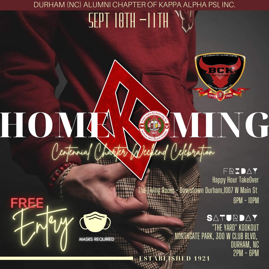 🚨🚨🚨 Attn All Greeks/ Non Greeks  in the surrounding area. Join us as we celebrate 100 years of our chapter in the bond of Kappa Alpha Psi Fraternity in the city of Durham.   Get your tix now dackappashomekoming2021.eventbrite.com
Sept 10/11th ... ALL FREE
