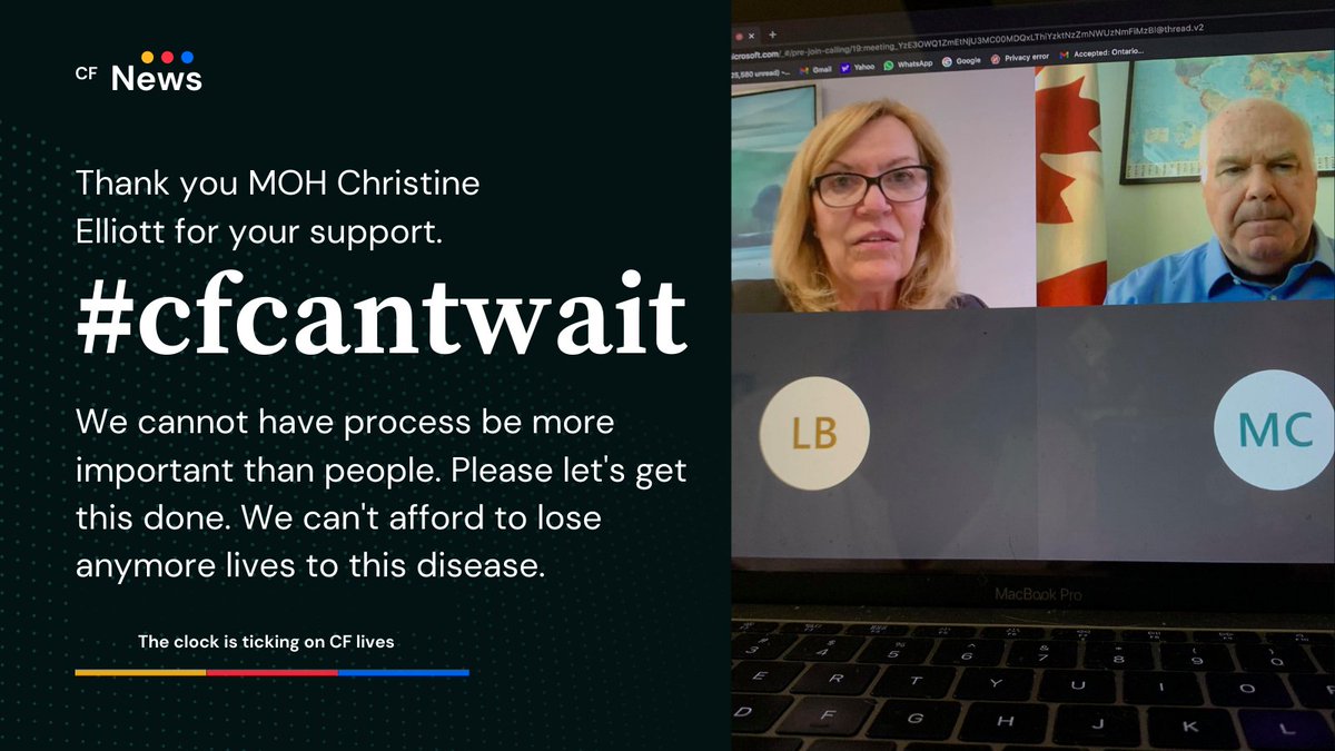 Our meeting with <a href="/celliottability/">Christine Elliott</a> last week was positive. She has agreed to fund #trikafta for  #cysticfibrosis patients in Ontario. Sadly this week while we await the @CADTH_ACMTS  process we lost another patient to this disease that could have been prevented with #trikafta.