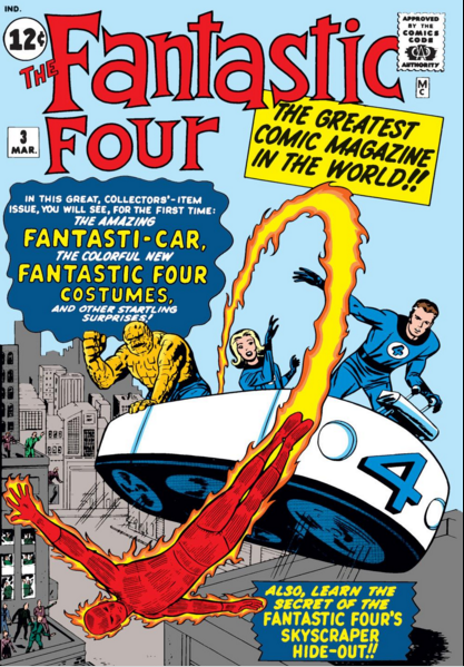 sixty_on's tweet photo. #FantasticFour #SixtyYearsOn - Issue by Issue #3 - March 1961 - #MarvelUniverse - #FF new uniforms (briefly for #TheThing) &amp; the Fantasti-Car arrive against a Miracle Man back drop - Cover art by Jack Kirby/Dick Ayers https://t.co/V68vAqObow