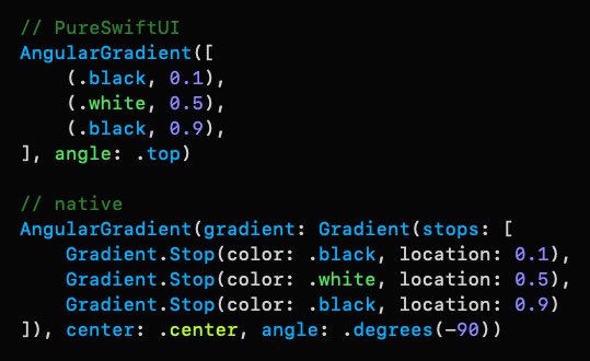 CodeSlice's tweet photo. I thought Iβd post some tips showcasing some of the advantages of #PureSwiftUI over the native version of #SwiftUI, so hereβs the first #PureSwiftUITips tweet:
Gradients using gradient stops. Terse, yet clear ππ»
#iOSDev https://t.co/Rlr0vlkA0n