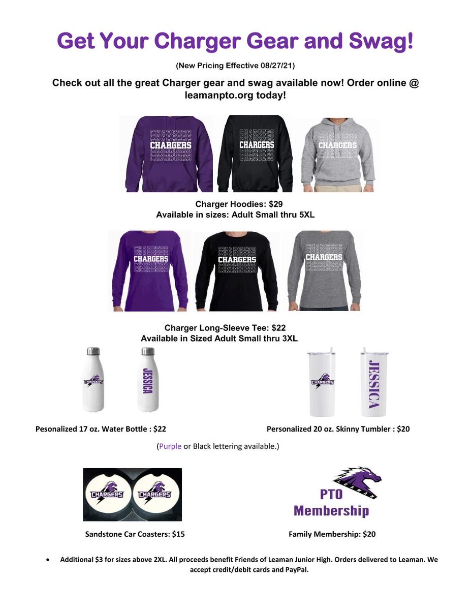 Come check out our store @ leamanpto.org and get your Charger gear!
