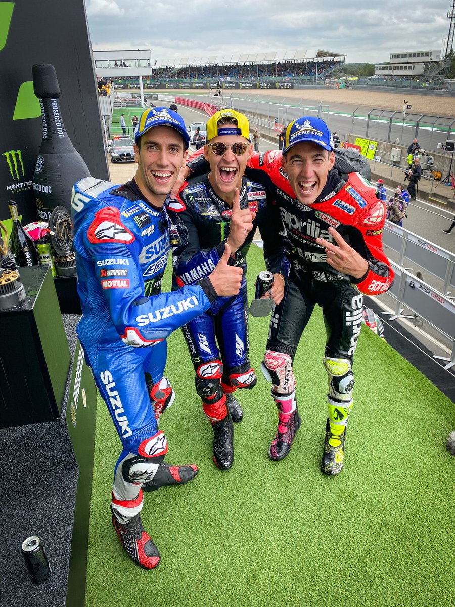 MotoGP's tweet photo. Your #BritishGP 🇬🇧 podium

🥇 @FabioQ20 
🥈 @Rins42 
🥉 @AleixEspargaro 

#MotoGP 🏁 https://t.co/HKMHggA99e