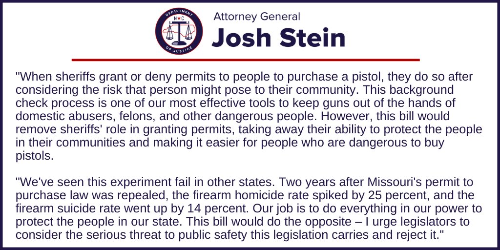 NCAGO's tweet photo. BREAKING: Attorney General @JoshStein_ released the following statement on the Pistol Purchase Permit Repeal (HB 398), legislation that would eliminate a sheriff's background check before granting a permit to buy a pistol: https://t.co/bD1UCev192 https://t.co/fccj4mtAWs
