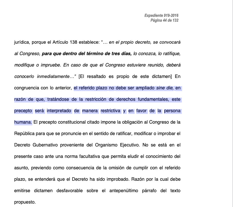 Se le va la onda a la JD del Congreso. Artículo 138 constitucional establece que DENTRO del término de 3 días se debe conocer y ratificar o improbar el estado de calamidad. Para mañana habrá excedido término. No valen güizachadas, ver opinión consultiva 919-2016 que adjunto.