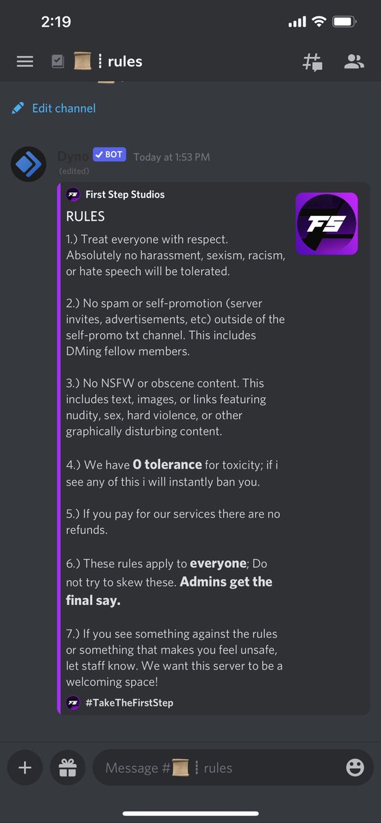 FirstStepStudio's tweet image. New Rules Section!
@xEleyond putting in the work and learning about embedded messages!
@DynoDiscord makes it easy... but you can custom code these and i've learned how in @YAGPDB_ ! Creating endless opportunities :)
Link in Bio!
#discord #coding #customcoding #embedded