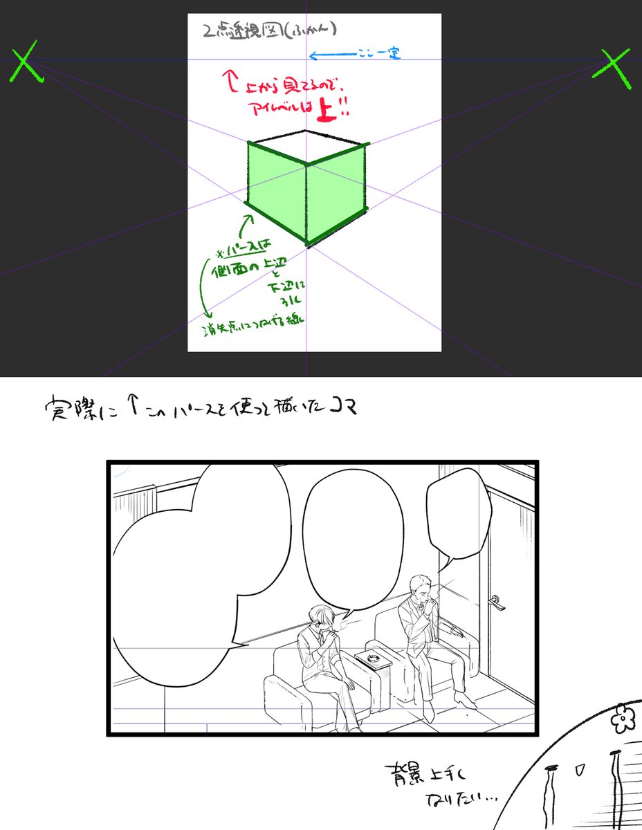 原稿しながら背景(2点透視)の勉強してたのでメモ。俯瞰の2点透視になると頭混乱しちゃうのよ…😭 