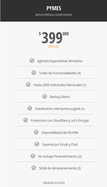 SuGE3K's tweet image. Te presentamos los planes de SuGE3K ServicedesK que tenemos para tu empresa, no importa si tienes 100 asesores o 1000, mensualmente pagaras lo mismo. Más Información -> sugeek.co/servicedesk-pq…