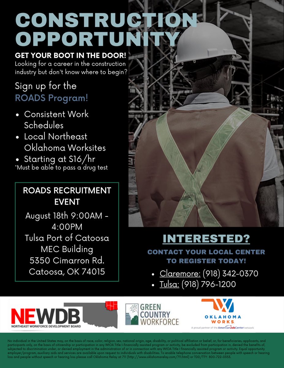 GrnCntryWorks's tweet photo. Come to the ROADS Recruitment Event TOMORROW from 9-4 at the Tulsa Port of Catoosa MEC Building

#greencountry #construction #recruitment https://t.co/ygzgibdVOP