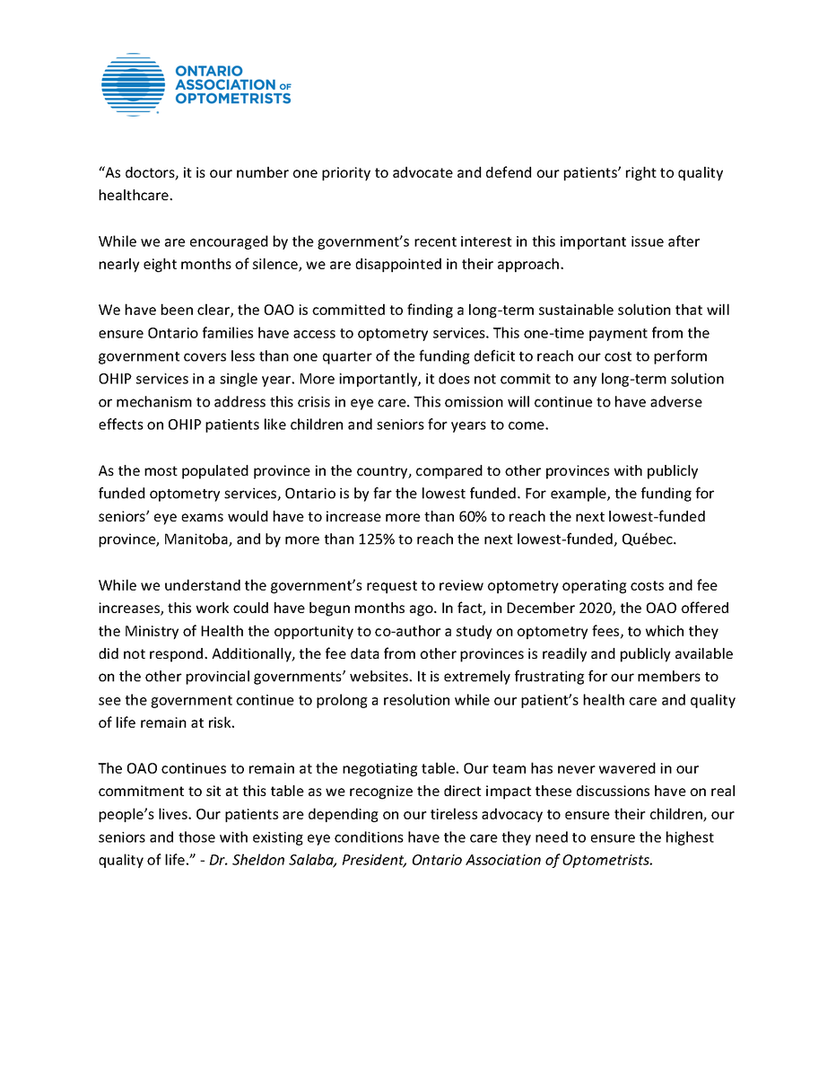 ONOptometrists's tweet photo. Statement on behalf of Dr. Sheldon Salaba, President of the Ontario Association of Optometrists: https://t.co/pmiPXs0ch7
