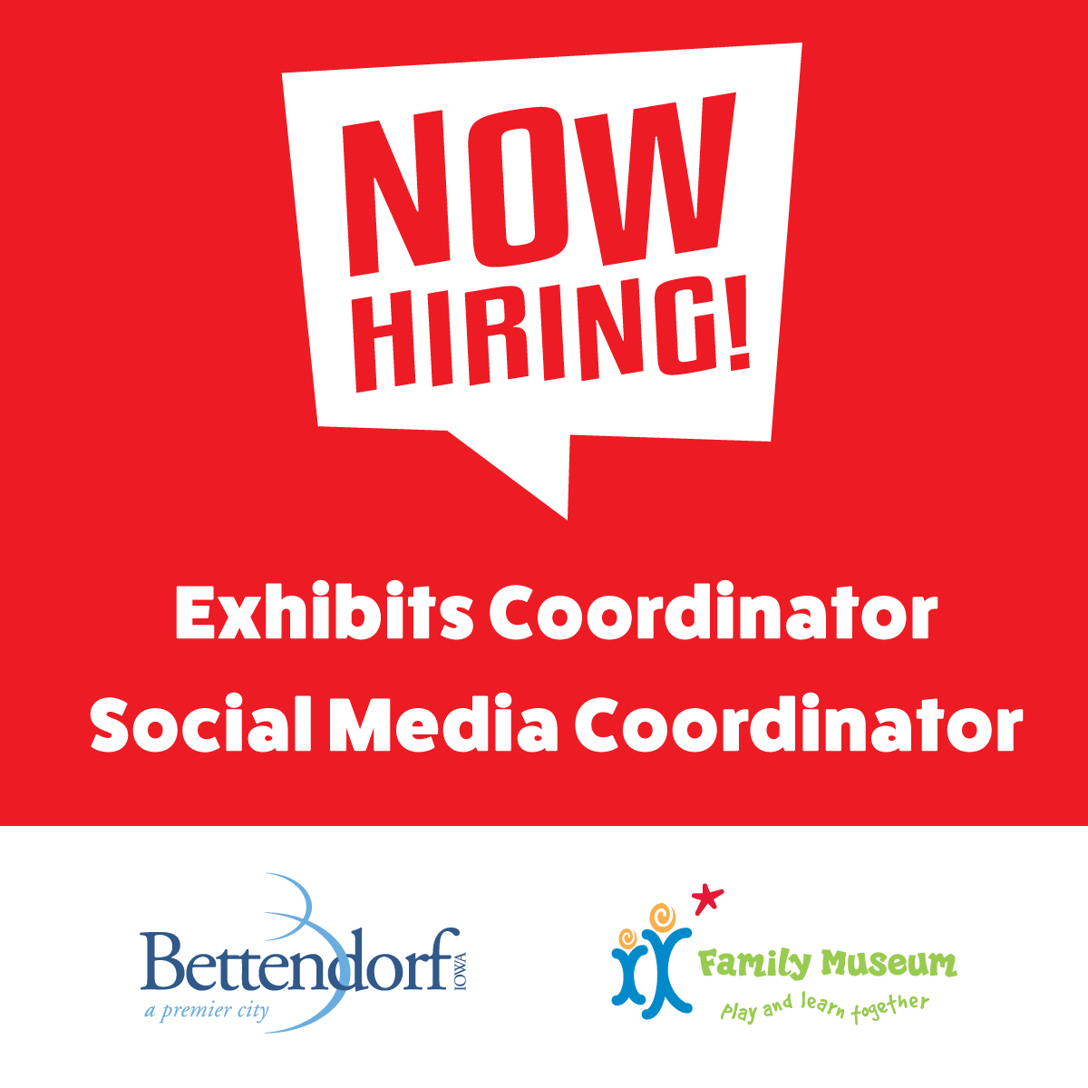 We have two full-time positions open! The Family Museum is a department of @City of Bettendorf, Iowa Government so visit their website for more details! bit.ly/3yuLUvA