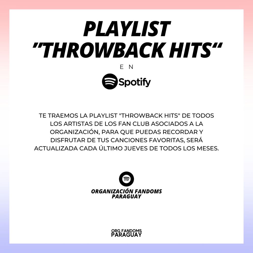 OrgFandomsPy's tweet image. 📶| PLAYLIST #THROWBACKHITS

Daremos inicio a esta actividad el último jueves 26 de Agosto a las 20:00hs
La Playlist será actualizada cada último jueves de todos los meses.
Los votación se habilita mañana Miércoles 18/08 hasta el miércoles 24/08