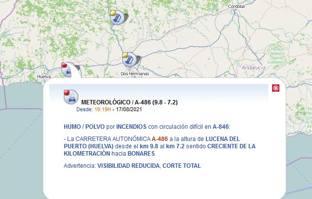 VOSTandalucia's tweet photo. #AVISO #TRAFICO #A486 CORTADA entre km 7.2 a 9.8 por POLVO/HUMO procedente de incendio forestal #IFLucenaDelPuerto. Utilice rutas alternativas. #LucenaDelPuerto #Huelva #Andalucia #112 #VOST @E112Andalucia @guardiacivil @DGTes @avisos_dgt https://t.co/UbE7c08PBl