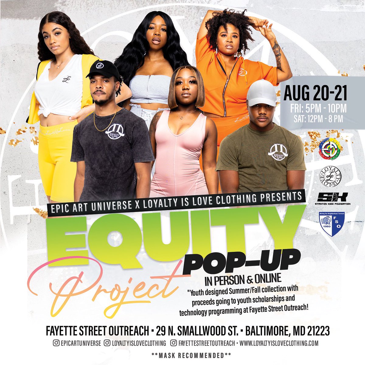 drtatiwarren's tweet photo. #BMORE Meet me at Fayette Street Outreach. Epic Art Universe  ❌ Loyalty is Love Clothing presents #TheEquityProject AUGUST 20 &amp; 21‼️
Proceeds will support #scholarship funds for current interns and after school programs at FSOO. 
MC 🎤: @drtatiwarren 
#equity #community #youth https://t.co/8tITVbLTUL