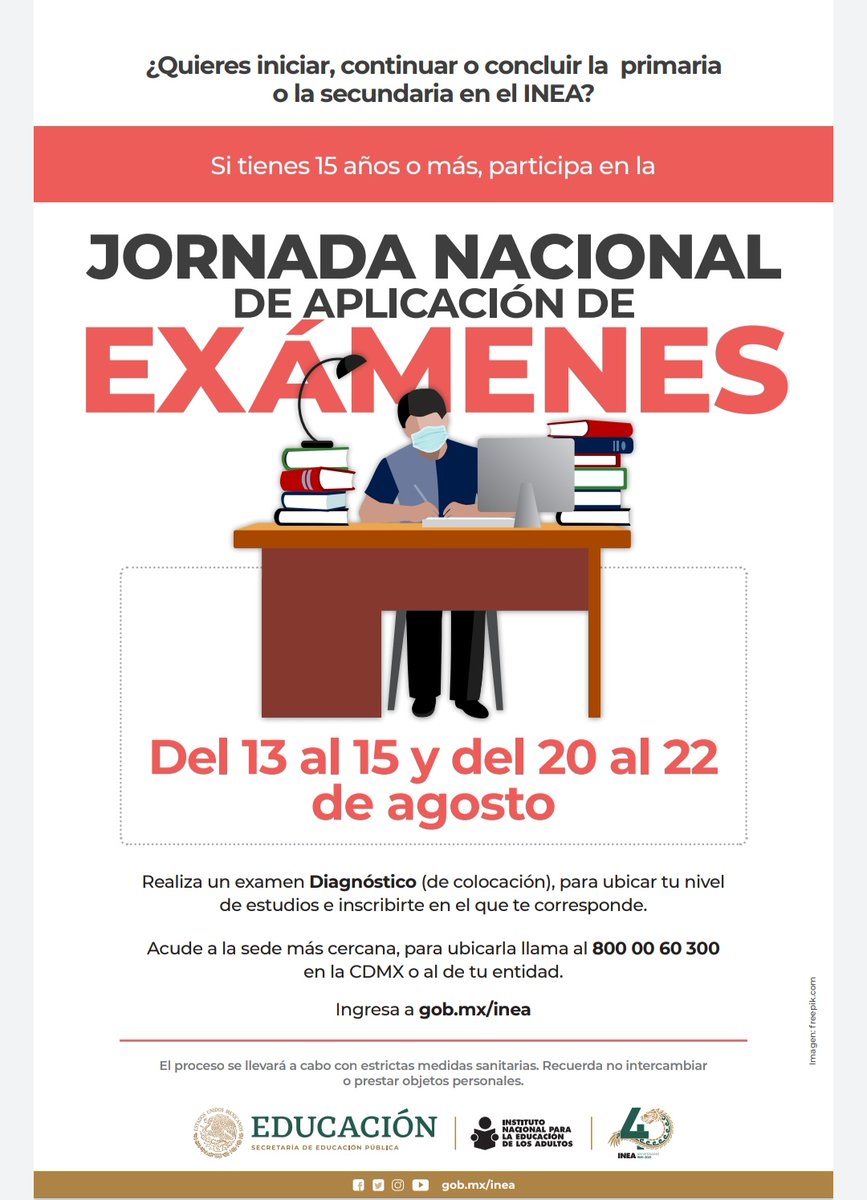 Patysanz10's tweet photo. #IMSS #CSSXALAPA Jornadas de Acreditación del Instituto Nacional para la Educación de los Adultos (INEA) 40 Aniversario #Eduación se realizarán el fin de semana del 20 al 22 de Agosto aplicación de exámenes Jornadas Nacionales. https://t.co/2z9jvee41a