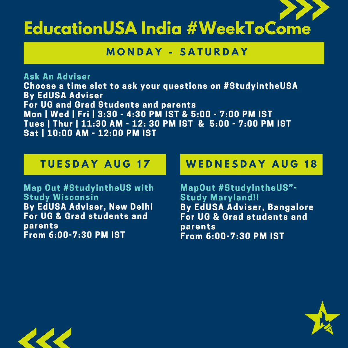 EdUSA_India's tweet photo. Mark your calendars! Check out our lineup of events for the week of Aug 16-20. Stay on top of your US application process with #EducationUSAIndia.⠀
Register here https://t.co/IouXSkkF2q 
#EdUSAEvents #StudyintheUSA #EducationUSA #intled #EdUSAIndiaatHome #USHigherEd #weektocome https://t.co/1Tk2WCgyda