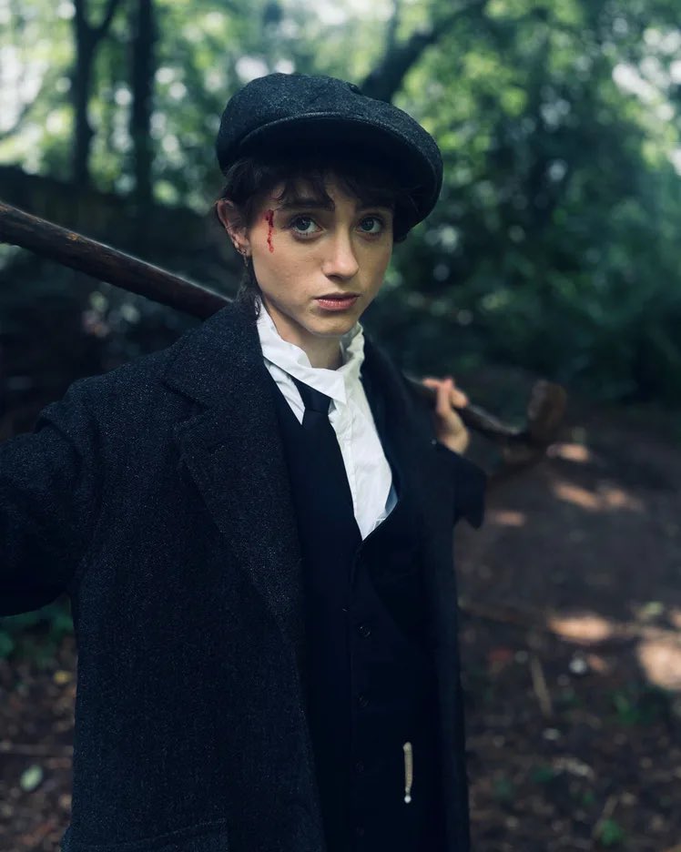 FilmUpdates's tweet image. Natalia Dyer as Tommy Shelby from ‘Peaky Blinders’ for W Magazine