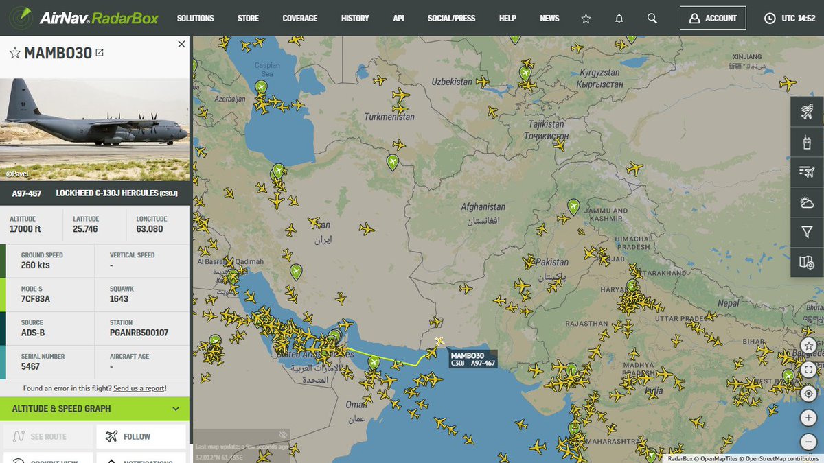 AirNavRadar's tweet photo. A Royal Australian Air Force Lockheed C-130J Hercules is currently flying over Pakistan.
Track #MAMBO30 on RadarBox:
https://t.co/NJVdoHkBs9
#AustralianAirForce #C130 #RadarBox https://t.co/x8PpBu0yGj