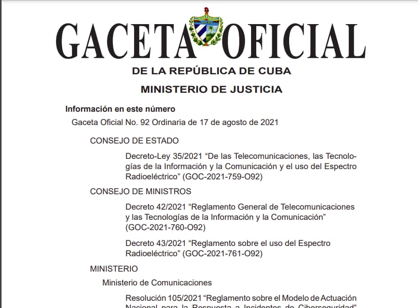 El Decreto-Ley 35/2021 "De las Telecomunicaciones, las Tecnologías de la Información y la Comunicación y el uso del Espectro Radioeléctrico" contribuye al desarrollo político, económico y social del país; así como a la seguridad de sus redes y servicios. #CubaInformatiza