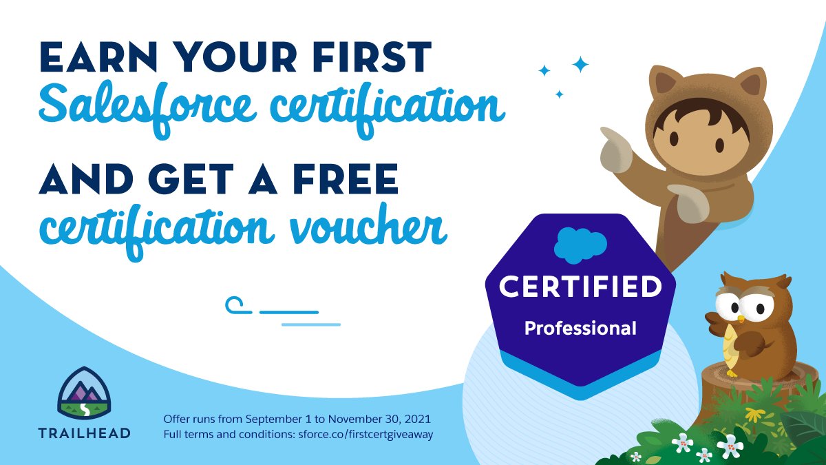 trailhead's tweet image. Certification school is in session - it's time to hit the books! 📓🍎✏️ 

Earn your 1️⃣st Salesforce certification between September 1-November 30 and get a FREE certification voucher for you or a fellow Trailblazer as a bonus! 

➡️ Learn more here: sforce.co/3CVyP0X
