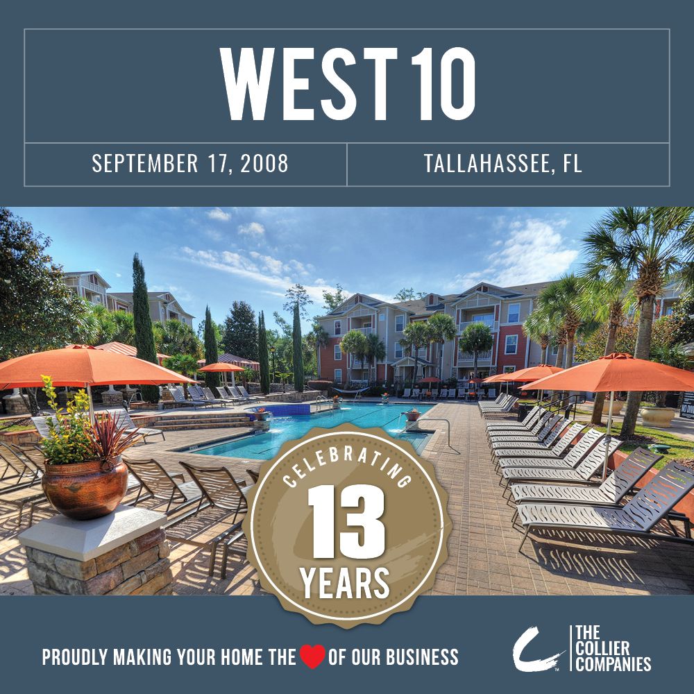 Today, we're celebrating 13 years of West 10 Apartments in Tallahassee, Florida!