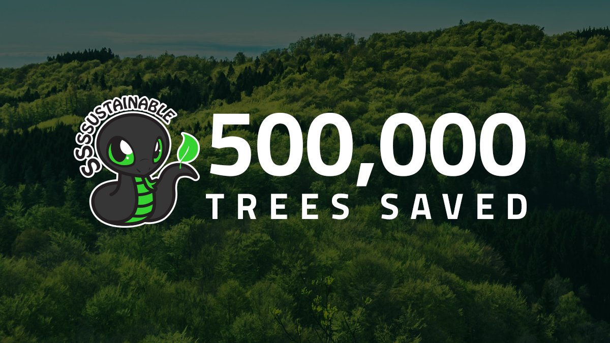 Razer's tweet image. We’re halfway to our goal of saving 1 million trees! Huge thanks to every single fan with Sneki Snek merch at home—we couldn’t have done it without you. With yet another milestone met, ssstay tuned as we unveil the next Sneki Snek product coming ssssoon! rzr.to/sneki-snek