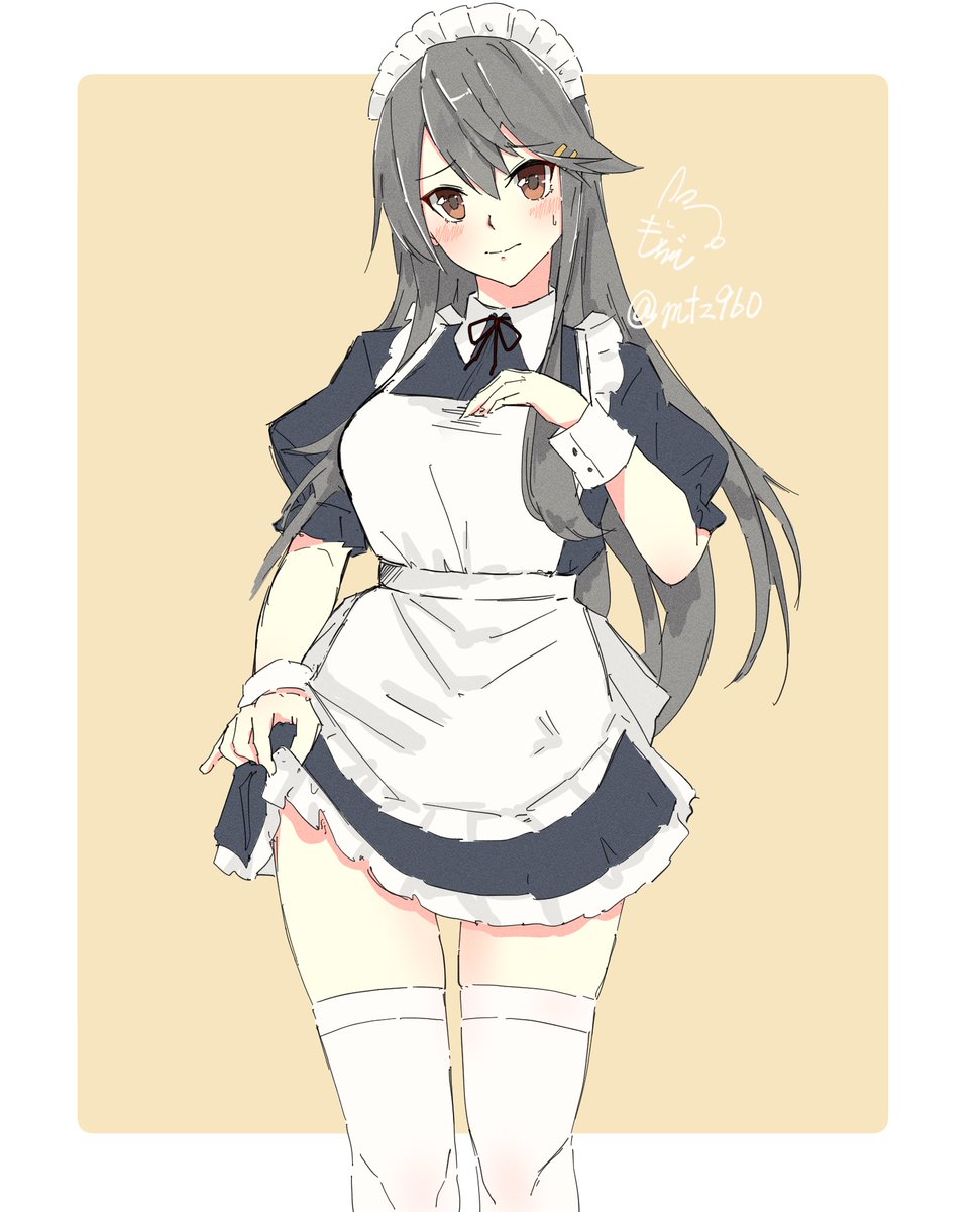 haruna (kancolle) 1girl solo long hair maid thighhighs alternate costume apron  illustration images